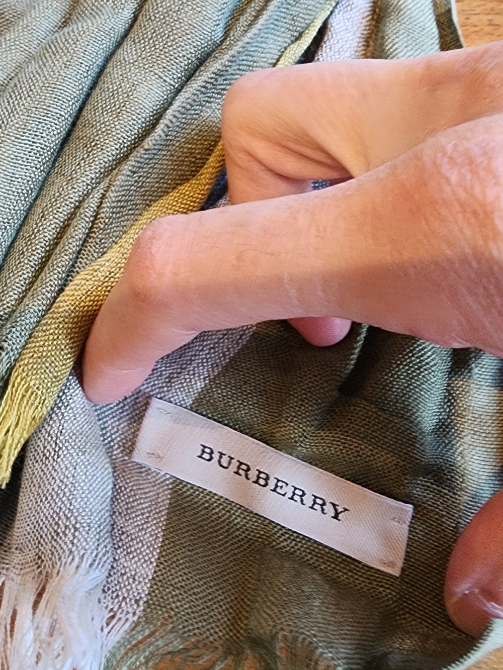 Burberry Striped Linen And Silk Crinkled Scarf - Olive, Gray & Cream - Picture 3 of 8